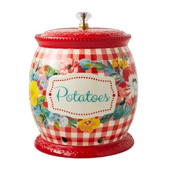 2023 🩷 New Pioneer Woman Sweet Romance Red Gingham 8.5”d Potato Keeper Canister - Picture 3 of 5